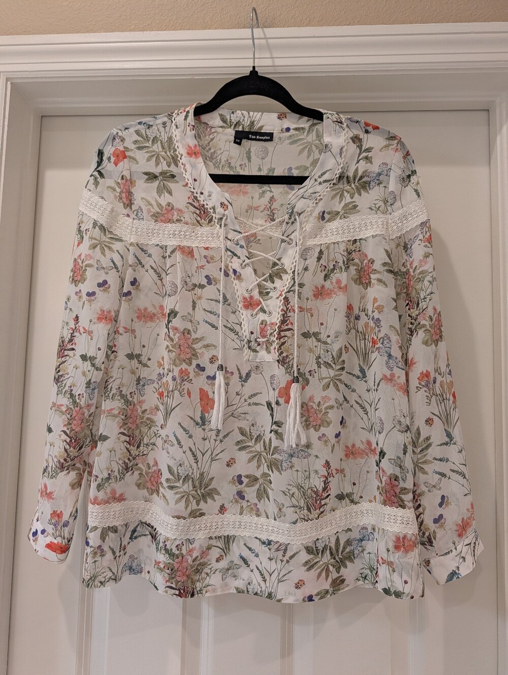 The Kooples Sheer Floral Lace Trim Blouse Size XS
